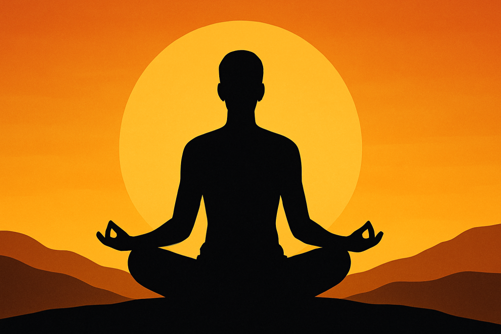 Silhouette of a person meditating with glowing energy waves, symbolizing the boost of spiritual power and inner awakening.