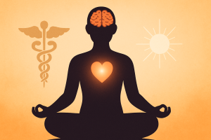 Silhouette of a person meditating outdoors with birds flying and glowing sun in the background, symbolizing mindfulness and tranquility